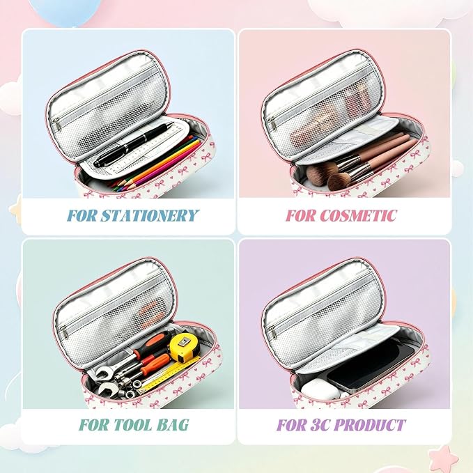 Pink Bow Pencil Case for Girls, Large Capacity Cute Kids Pencil Box with Zipper Compartments, Portable Pen Pouch Bag for Office School Travel