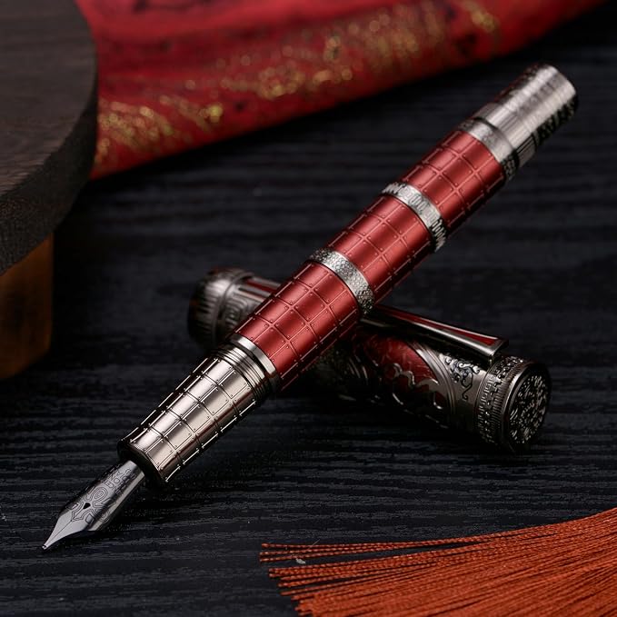 Hongdian D5X Fountain Pen Red Color Medium Nib, Qin Dynasty Retro Chinese Totem Engraving Smooth Writing Pen with Converter and Pen Box Set