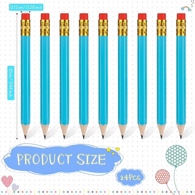 Zonon 24 Pcs Light Blue Golf Pencils with Erasers Mini Small Pencil Baby Shower Favors Bulk Hexagon Wooden Sharpened Half Graphite 2B for Golf Event, Wedding, Party Game, School, Company, Pew, Pocket
