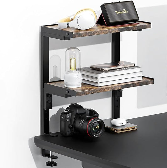 Spacrea Clamp on Desk Shelf, 2 Tier Office Desk Shelves Organizer, Wood Desktop Supplies Storage Rack, Desk Organizers and Accessories (Wood)