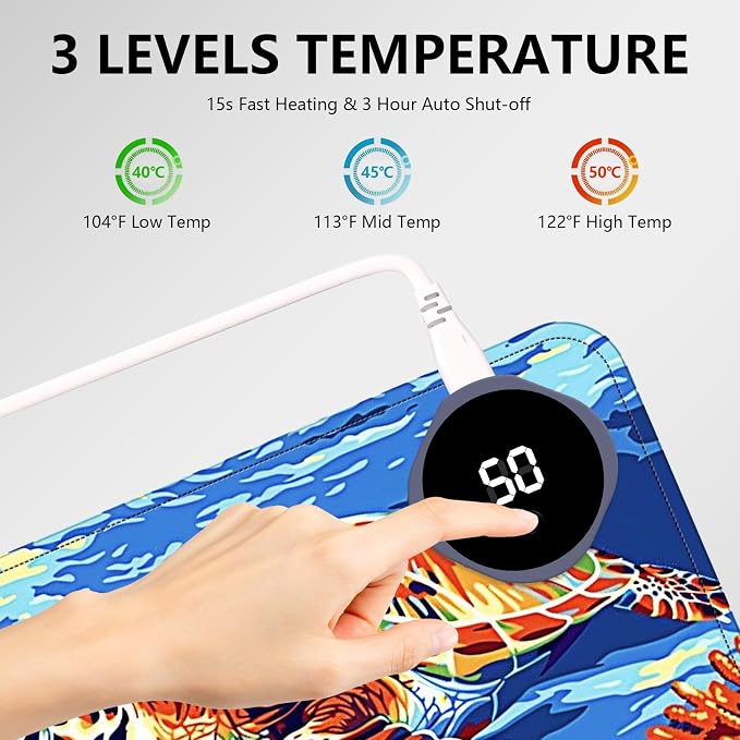 Heated Mouse Pad with 3 Levels Heated & 3 Hours Auto Shut-Off Mouse Pad for Warming Hands in Office Home, 23.6" x 14.2"Large Safe Desk Mat Hand Warmer，Sea Turtle