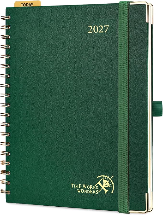 POPRUN 2027 Planner Daily Weekly and Monthly Calendar with Hourly Schedule, Monthly Tabs(Large Size 10'' x 8'' Wire-Bound Hard Cover) - Agenda 2027 (Jan.2027-Dec.2027) - Dark Green