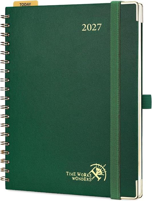 POPRUN 2027 Planner Daily Weekly and Monthly Calendar with Hourly Schedule, Monthly Tabs(Large Size 10'' x 8'' Wire-Bound Hard Cover) - Agenda 2027 (Jan.2027-Dec.2027) - Dark Green