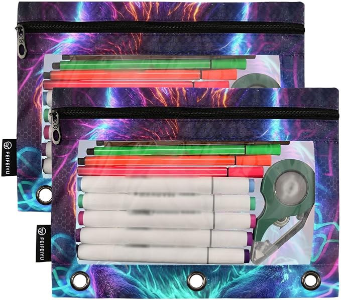 Neon Wolf Galaxy Wolves Pencil Pouch for 3 Ring Binder 2 Pack Zipper Binder Pencil Bag with Clear Window Pencil Case for Office Supplies