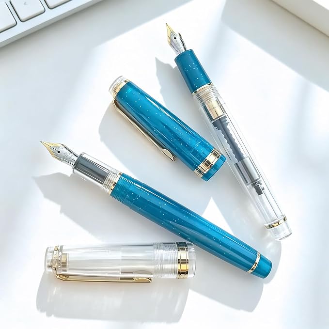 Jinhao 82 Acrylic Fountain Pen Set (2 Pack), Fine Nib Pen, Clear/Malachite Blue
