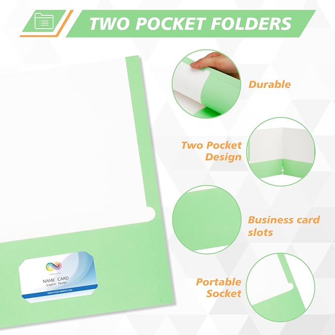 50 Packs Two Pocket Folders,Two Pocket File Folders with Business Card Slot,Apple Green,Letter Size,Paper Folders with Pockets for School Office Home Business
