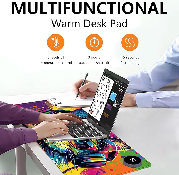 Heated Mouse Pad with 3 Levels Heated & 3 Hours Auto Shut-Off Mouse Pad for Warming Hands in Office Home, 23.6" x 14.2"Large Safe Desk Mat Hand Warmer，Colorful Eyeglass Cat