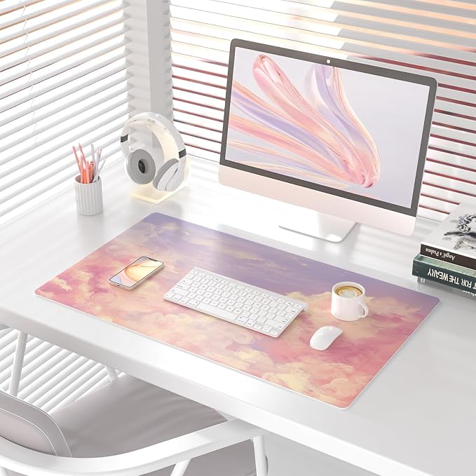 Colorful Star Pink Large Mouse Pad, 31.5" x 15.7" | Cute Mousepad & Large Desk Pad, PU Leather Laptop Mat, Waterproof Non-Slip Desk Mat for Office Accessories Women& Girl