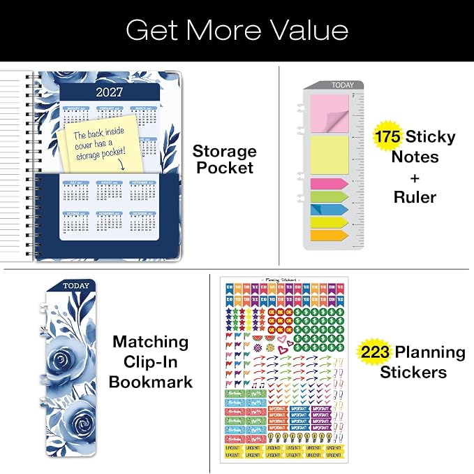 HARDCOVER Academic Year 2026-2027 Planner: 14 Months (May 2026 Through June 2027) 8.5"x 11" Daily Weekly Monthly Planner Yearly Agenda. Bookmark, Pocket Folder and Sticky Note Set (Blue Bloom)