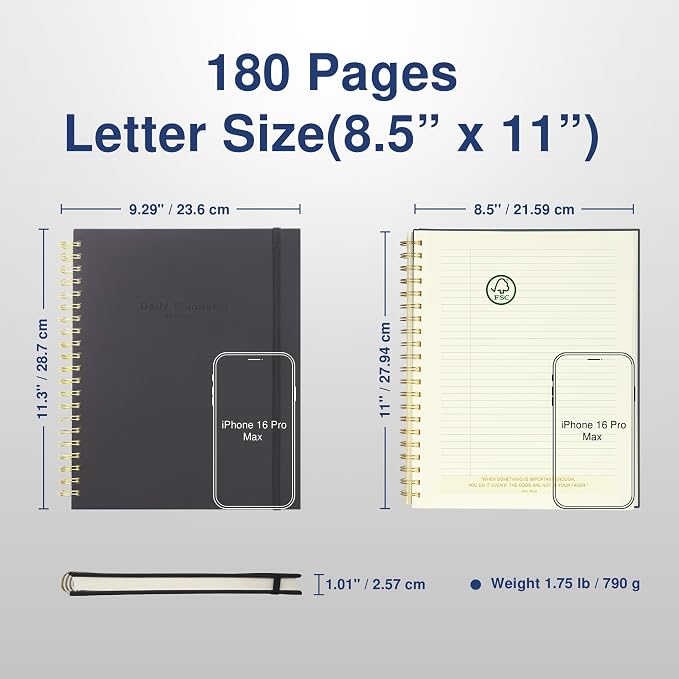 AuroPlanner Undated Daily Planner To Do List Hourly Schedule 2028 2027 2026 Calendar & Holiday Habit Tracker 180 Pages Letter Size 8.5" x 11" Sheets Hardcover Spiral Bound Notebook (Black)