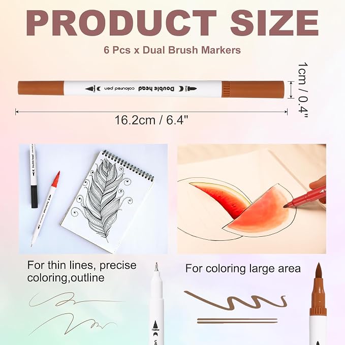 PATIKIL 6Pack Dual Brush Markers, Light Brown Watercolor Fine and Brush Tips Pens Colored Marker Calligraphy Coloring Art Supplies Set for Coloring Book Illustration Sketching Journaling