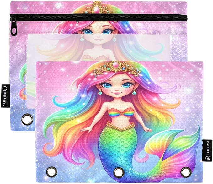 Gredecor 3 Ring Binder Pencil Pouch, Fantasy Mermaid Rainbow (2) Zippered Pen Case Pouches with Clear Window, 2 Pack Stylish Office & School Supplie