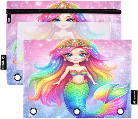 Gredecor 3 Ring Binder Pencil Pouch, Fantasy Mermaid Rainbow (2) Zippered Pen Case Pouches with Clear Window, 2 Pack Stylish Office & School Supplie