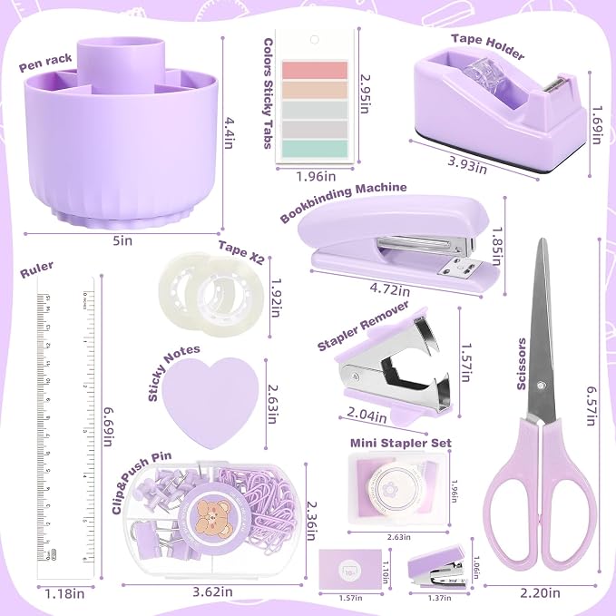 VZZNN Purple Office Supplies Set - 12-Piece Desk Organizer with 360° Pen Holder, Tape Dispenser, Stapler, Scissors, Ruler, Staple Remover, 1000 Staples, Tape, Clips, Sticky Tabs & Notes