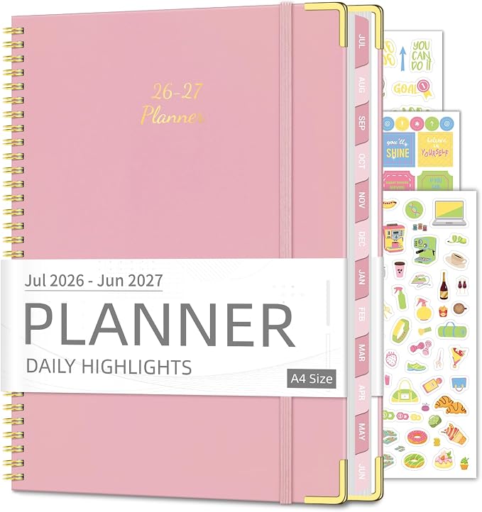 Academic Planner 2026-2027, 8.5" x 11", Hardcover Weekly Planner, Pink | Calendar Planner July 2026 - June 2027, Agenda Book with Tabs, Inner Pocket and Sticker for Office & School, A4
