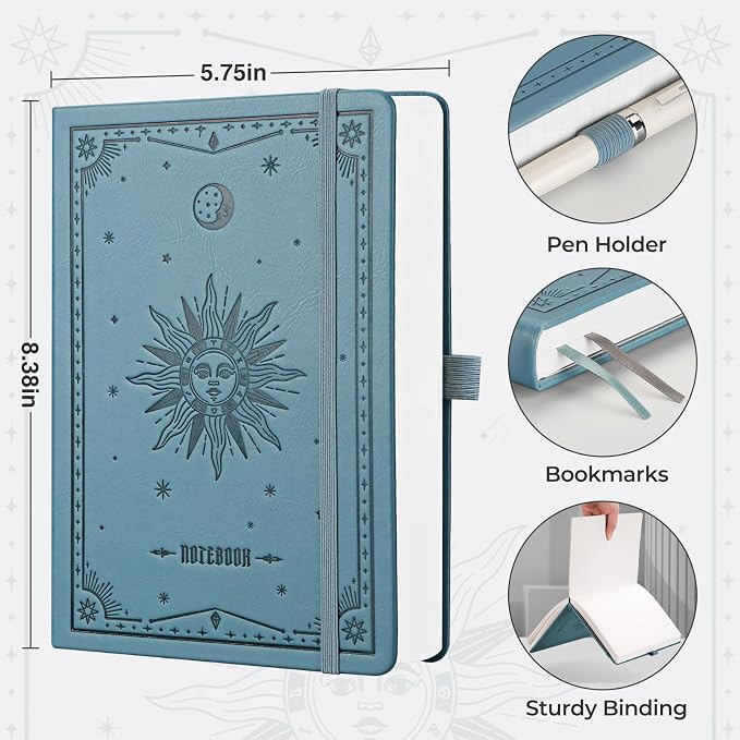 EMSHOI Dotted Journal Notebook, 320 Pages, A5 Size (5.7'' x 8.3'') | Leather Hardcover, 100 GSM Thick Paper, for Journaling, Planning, Tracking & Sketching, Sun Debossed (Light Blue)