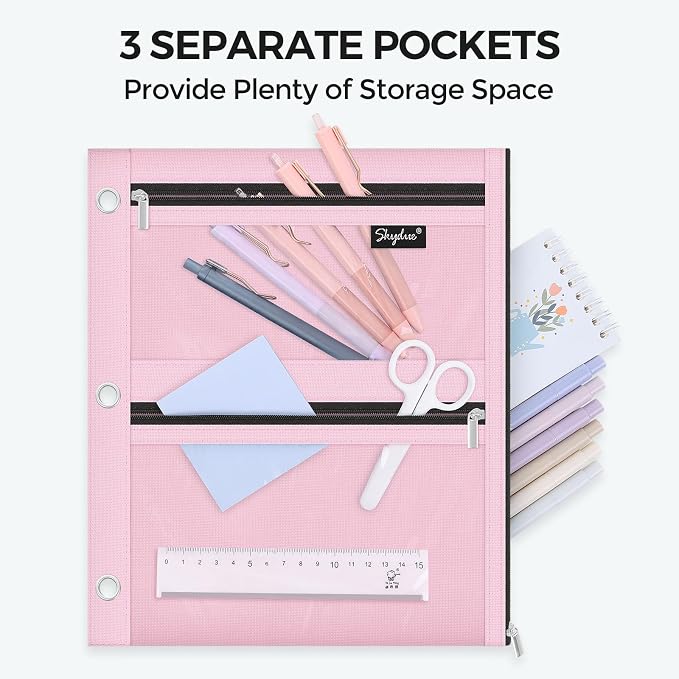 SKYDUE Pencil Pouch for 3 Ring Binder, 3 Compartment Zipper Pencil Case, Large Capacity Pen Organizer with Clear PVC Window for School Supplies, Students, Kids & Teachers