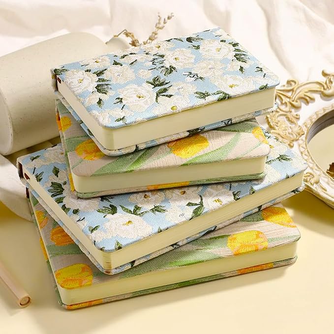 Pocket Notebook, A6, 4x6, Small Embroidered Journal, Cute Notebook, Lay Flat, Hardcover, Lined Notebook & Sketchbook, Personal Writing Journal for Women, Blue Journal, White Gardenia Flower