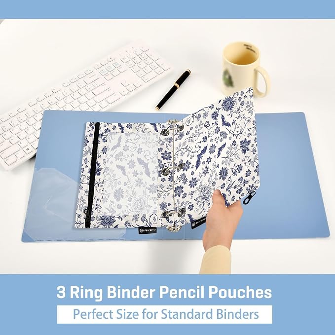 Gredecor 3 Ring Binder Pencil Pouch, Navy Blue Gothic Bat Zippered Pen Case Pouches with Clear Window, 2 Pack Stylish Office & School Supplie