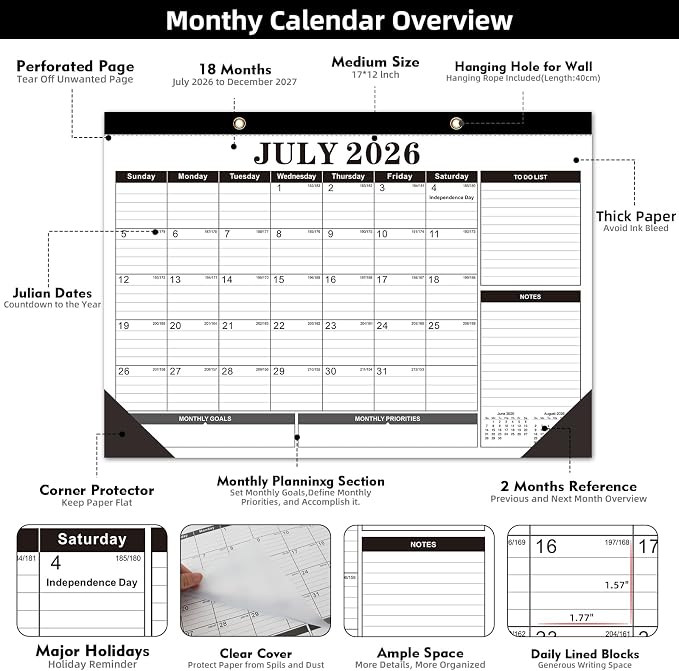 Tcamp Desk Calendar 2026-2027, Large Desktop Calendar 2026-2027 (Jul. 2026 - Dec. 2027), Big 17" x 12" Wall Monthly Calendar with Julian Dates, 18 Months Desk Planner for Home School Office Desktop