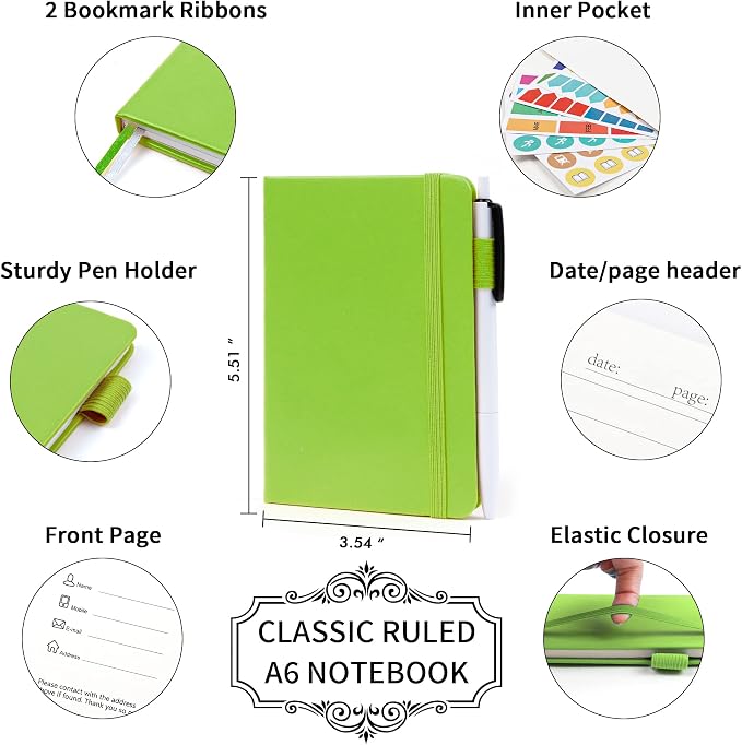 feela 6 Pack Pocket Small Notebooks Bulk, Mini Cute Memo Notepads Hardcover College Ruled Lined Journals with Pen Holder for Women Girls Office School, with 6 Black Pens, 3.5”x 5.5”, A6, Green