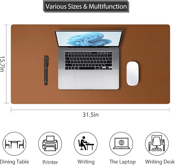 Roslim Leather Desk Pad Protector,Mouse Pad,Non-Slip Computer Mat for Desk,PU Leather Office Desk Mat for Home & Office,Waterproof Laptop Desk Blotter for Keyboard and Mouse,Brown (15.7''X31.5'')