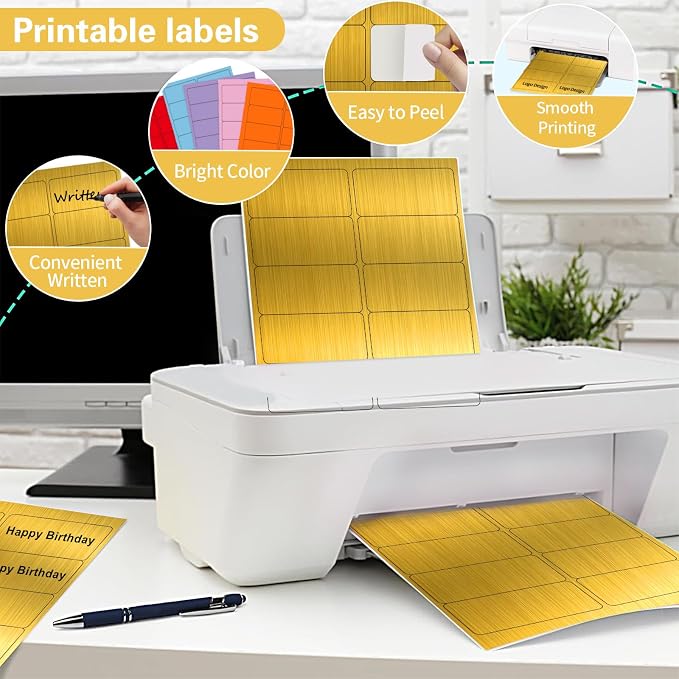 2" x 4" Colored Address Labels, 200 Bright Laser Gold Label Stickers- Laser/Ink Jet Printer Mailing Labels, 8.5"x11" 20 per Sheet