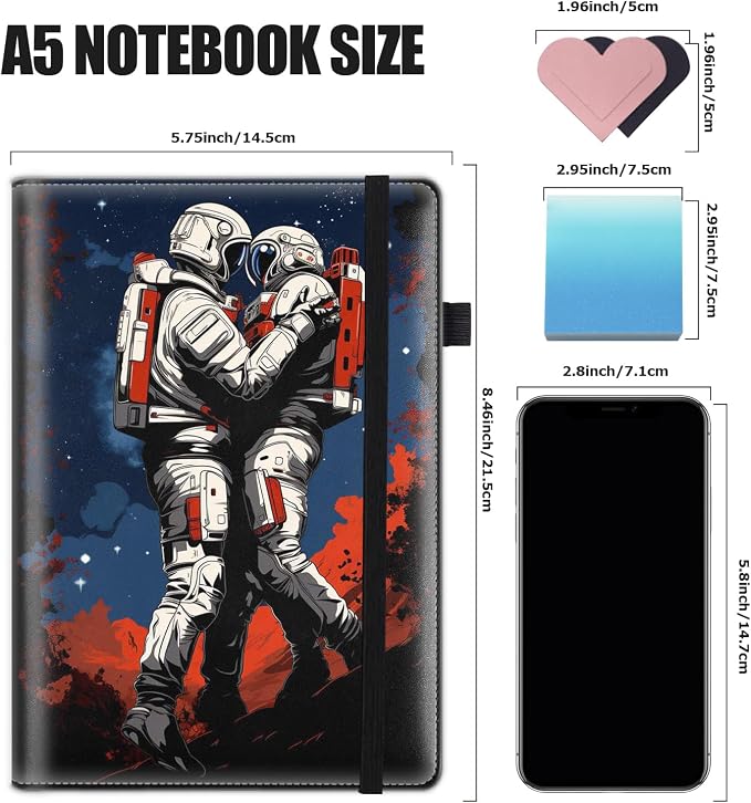 Hardcover Executive Notebooks, A5 PU Leather Lined Journal Notebook, 200 Pages Thick Paper Subject Notebooks for School,Work,Home Writing Business Notebook, Diary Book ， Astronaut Couple
