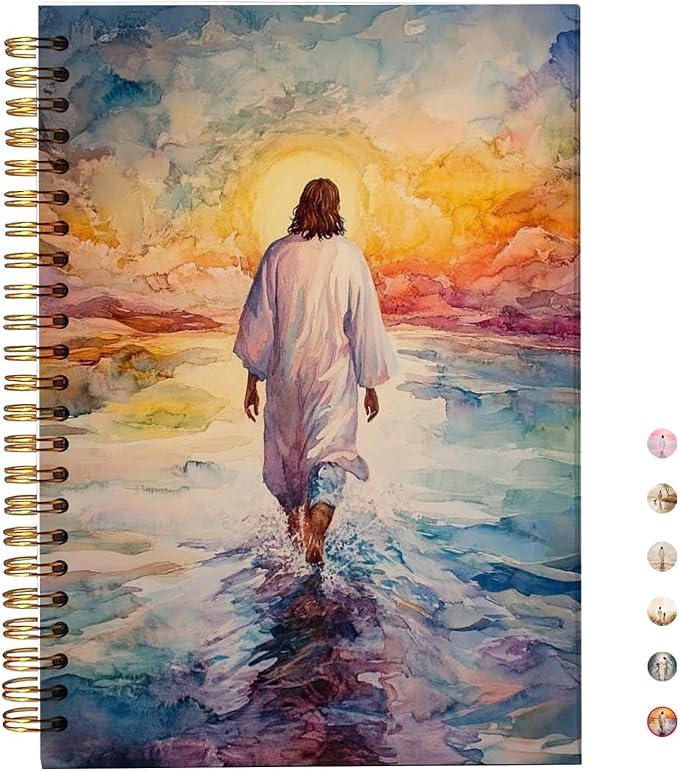 bitCNY Jesus Walking on Water Notebook 8.3x5.5 Inch – Watercolor Christian Spiral Journal, Inspirational Bible Verse Notebook, Lined for Notes & Prayer