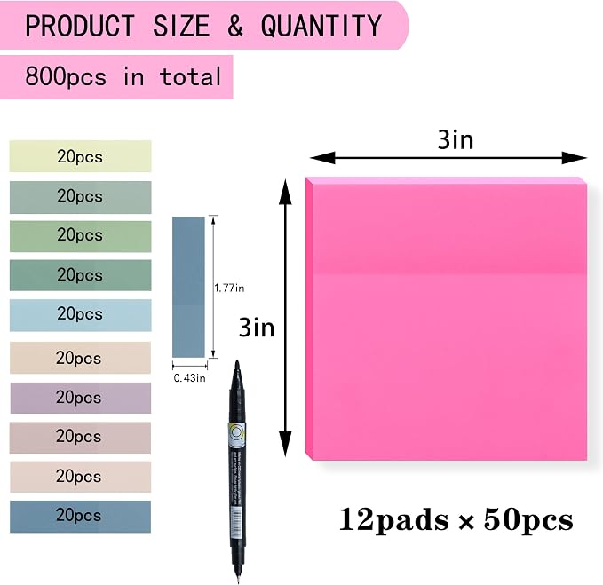 YOUDEFUL 800Pcs Transparent Sticky Notes, Bright Rose Red Clear Sticky Notes, 3"x3" Waterproof Translucent Sticky Note Pads, Index Tabs, Clear Post it Notes for Bible Study, See Through Sticky Notes