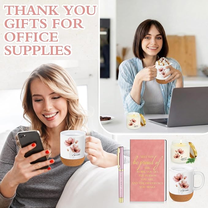 Sayglossy 4 Pcs Thank You Gifts Set for Women Back to School Teacher Appreciation Gift Leather Notebook Pink Flower Coffee Mug Scented Candle Ballpoint Pen for Employee Coworker DSP Housekeeping Week