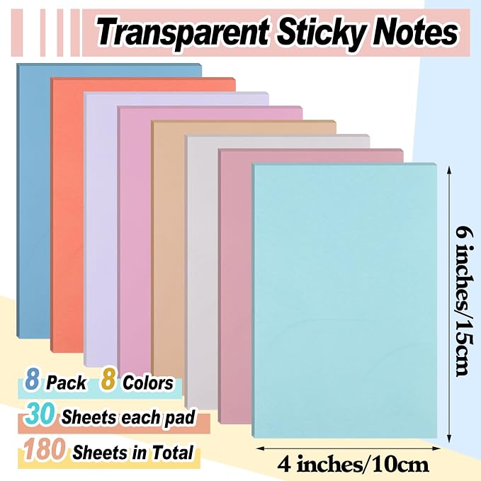 Yinder 4 x 6 Inch Transparent Sticky Notes Translucent Sticky Notes 240 Sheets Waterproof Clear Self Memo Pad See Through Back to School Bible Journaling Accessories Office School Supply(Aesthetic)