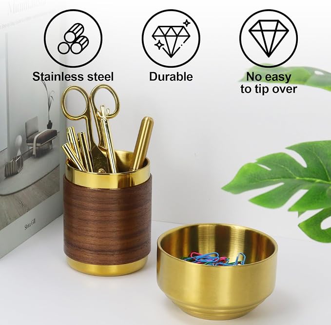 MultiBey 2-Piece Gold Desk Organizer Set, Luxury Gold Paper Clip Holder with Walnut Accent Pen Cup, Convertible Pencil Holder for Office Desk Accessories Gift