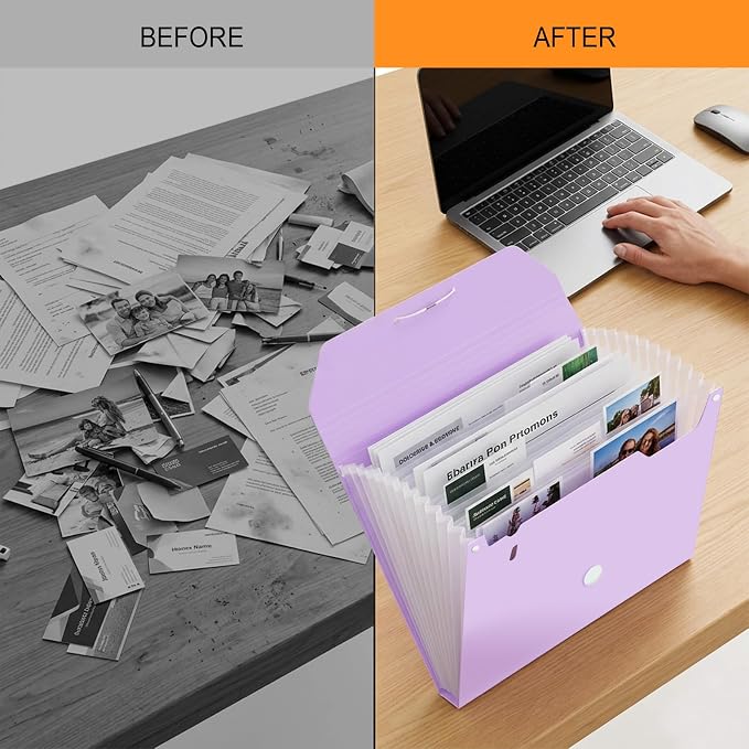Comix Accordion File Organizer, 13 Pocket, Purple | Expanding File Folder, A4/Letter Size Documents, Includes Labels, For Office, Home, School