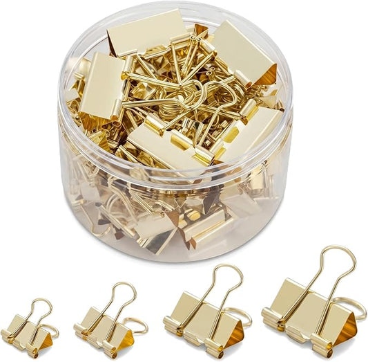 Gold Binder Clips, Assorted Sizes, 100 Pack | Solid Metal, Stainless Steel Handle, Office School Supplies