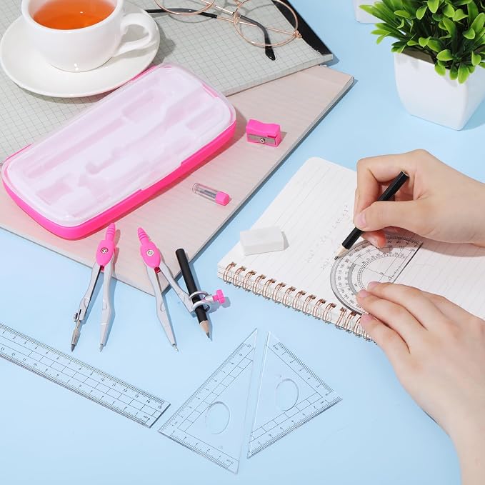 Zonon Math Geometry Set for Students 10 Pcs Compass Geometry Tools Kit Includes Protractor Compass Lead Refills Rulers Pencil Sharpener Eraser Pencil Storage Box for Drafting and Drawings(Pink)