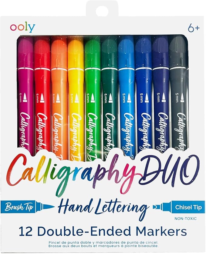 Ooly Calligraphy Duo Double-Ended Pens, Set of 12 | For Writing and Hand Lettering, Brush and Chisel Tip, Classic Colors, Acid-Free, Perfect for Beginners