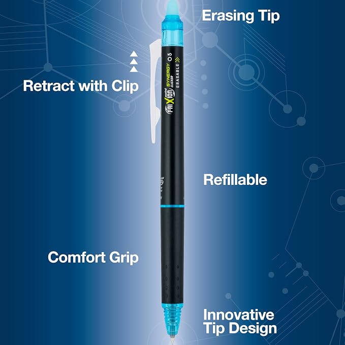 Pilot FriXion Synergy Clicker Erasable, Refillable, Retractable Gel Ink Pens, Extra Fine Point 0.5 mm, Pack of 5, Assorted Colors, FriXion Erasable Pens 0.5 - Ideal for School & Office Writing