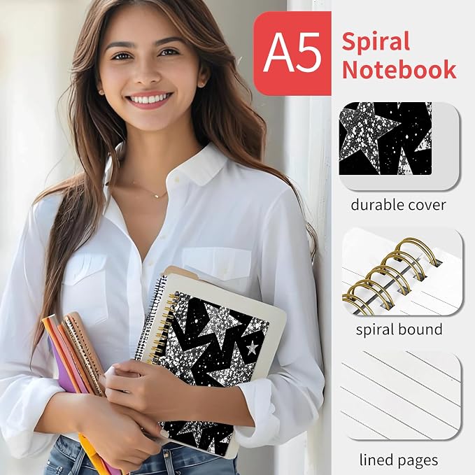 KZYVFNPQ Spiral Journal Notebook for Women Men, A5 Cute Hardcover Lined Notebook with Strong Binding,College Ruled Notebook for Office Work Writing(Star Black White Speckled)