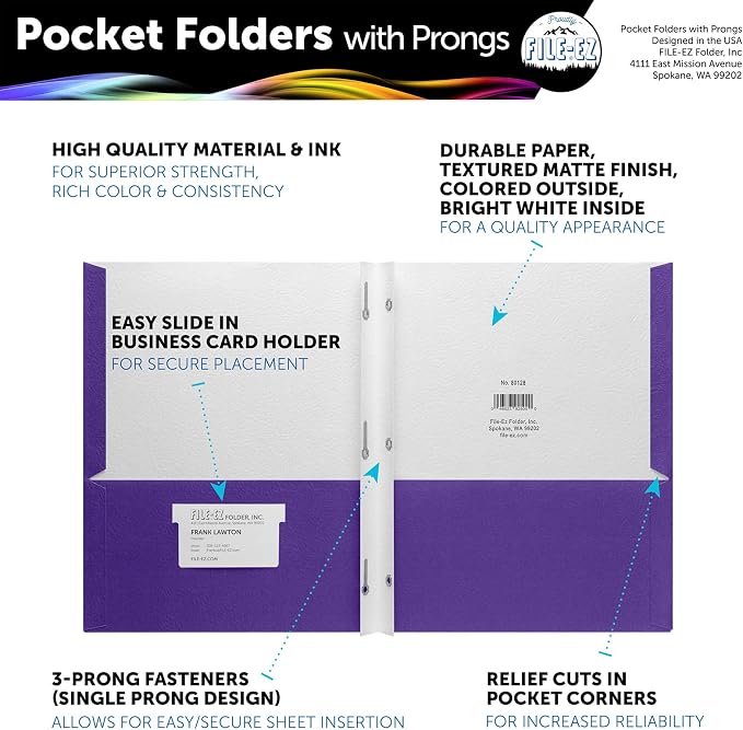 FILE-EZ Two-Pocket Folders with 3-Prong Fasteners, Purple Color, 25-Pack, Durable Textured Paper, Matte Finish, Letter Sheet Size (EZ-92545)