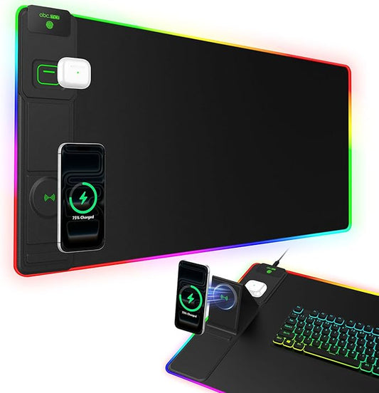 XXL RGB LED Gaming Mouse Pad with Magnetic Wireless Charger & Foldable Phone Holder, 31.5"x15.8" Extended Ultra-Smooth Desk Mat, 25 Lighting Effects, Non-Slip Base