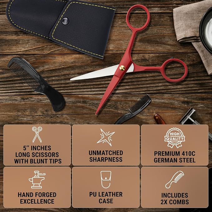 Ontaki 5" Beard & Mustache Scissor with Combs for Men - True Red | 410C Durable German Steel, Ergonomic Travel Friendly Design for Facial Hair - Beard Grooming Kit & Case Perfect for Styling