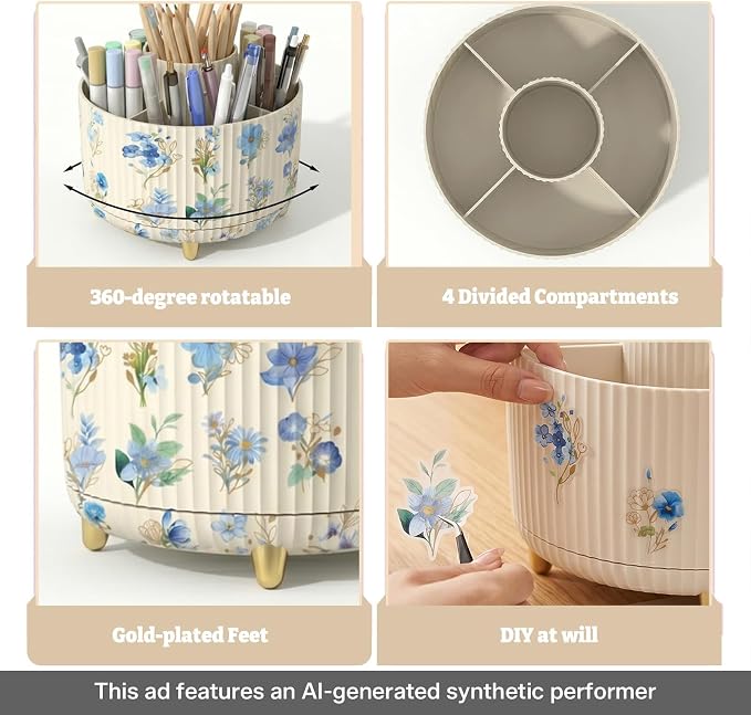 Soboto 360 Rotating Desk Organizer with DIY Floral Stickers, Compartment Floral Office Supplies Storage, Space-Saving Plastic Caddy for Home Office Cosmetics Pen Holder