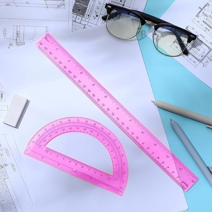Zonon 2 Pcs 12 Inch Clear Ruler and 6 Inch Plastic Protractor Set, Dual Scale Inch/Cm Math Geometry Measuring Tools for Back to School Students Teachers Classroom Office Drafting Use(Pink)