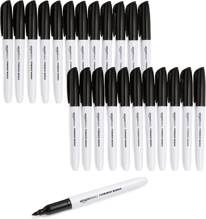 Amazon Basics Fine Tip Permanent Markers for Writing, Drawing, Quick Drying, Office, School, and Home Use, Black, 24 Pack