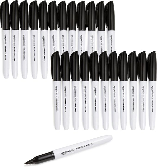 Amazon Basics Fine Tip Permanent Markers for Writing, Drawing, Quick Drying, Office, School, and Home Use, Black, 24 Pack