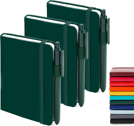 feela 3 Pack Pocket Notebook Journals with 3 Black Pens, A6 Mini Cute Small Journal Notebook Bulk Hardcover College Ruled Notepad with Pen Holder for Office School Supplies, 3.5”x 5.5”, Dark Green
