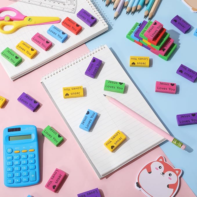Resurhang 360 Pcs Erasers Bulk for Kids Inspirational Pencil Erasers Bulk for Drawing Motivational Big Eraser School Supplies for Classrooms Back to School Office (Jesus Loves You,Multicolor)