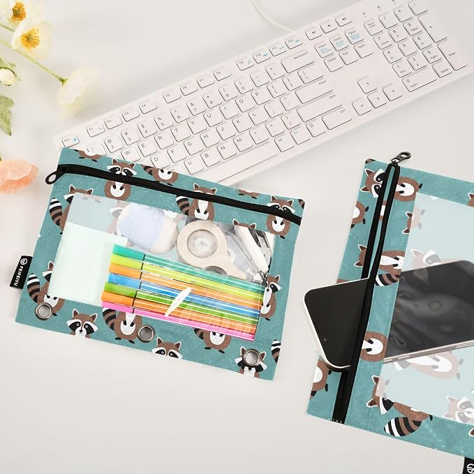 Emelivor Raccoon Teal Pencil Pouch for 3 Ring Binder 2 Pack Binder Pencil Case with Clear Window Pencils Bags with Zipper for Storing College Office Supplies