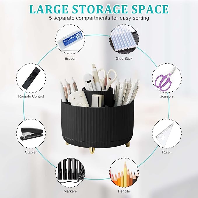 SAYEEC Rotating Pen Holder 5 Slots Desk Organizer with Adjustable Phone Stand Black Makeup Brush Holder Organizer Cute Pencil Cup Pot Art Supply Storage Box Caddy for Office School Vanity Bathroom